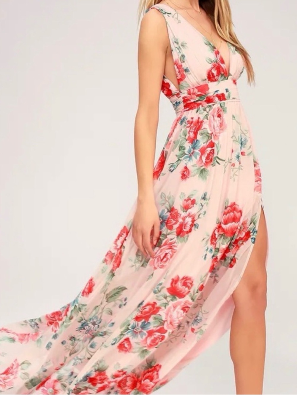 Lulu's Garden Meandering Blush Pink Floral Maxi Dress with Red Roses